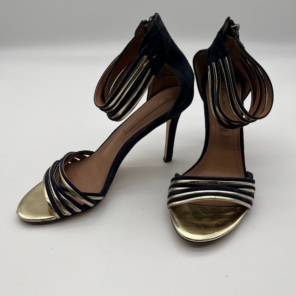 BCBGMAXAZRIA MNHEB004 Navy Blue Suede Gold Strappy Heel Sandals 36.5 EU - US 6